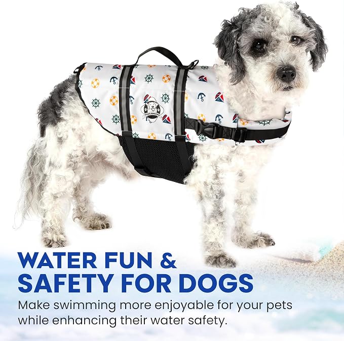 Dog Life Jacket - Swimming Vest for Dogs, Adjustable, Reflective, Comfortable, Multiple Colors, Patterns, XX-Small to Extra Large Dog Swim Vest with Handle (Nautical, Medium)