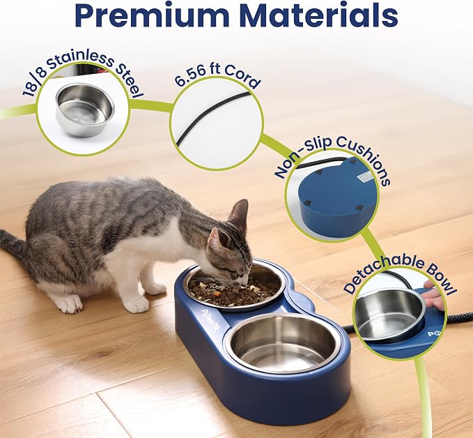 Heated Water Bowl for Cats, Outdoor Heated Pet Bowl in Winter | 18/8 Stainless Steel, Anti-chew Cord, Removable Bowls, Dual-bowl Heated System, Raised Ergonomic Stand, Blue, 3 Cups