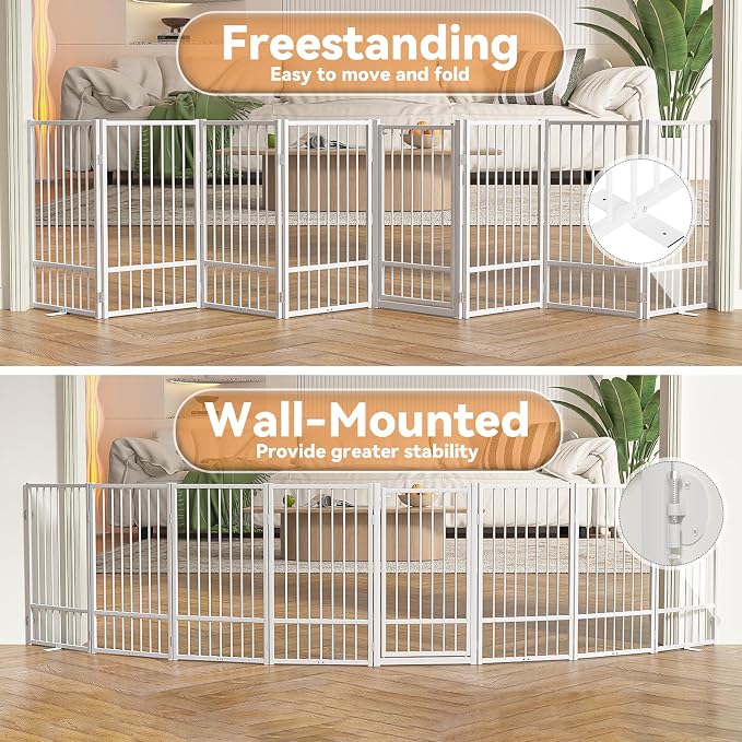 SNUOWU Full Metal Freestanding Dog Gate with Door, 36''Height Foldable Pet Dog Fence for Indoor & Outdoor, 8 Panels Extra Wide Free Standing TallDog Gates for Doorways,House,Stairs,Porch,Deck,Yard