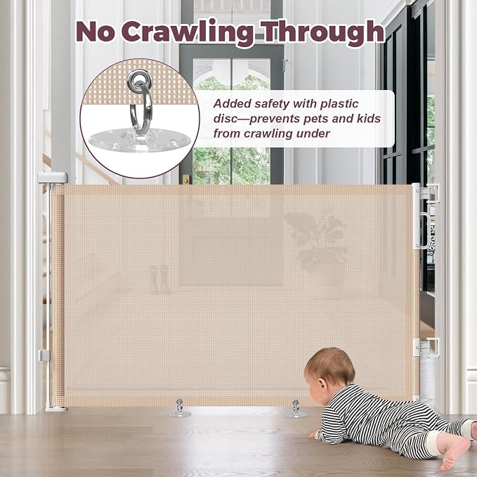 Retractable Baby Gate for Stairs & Doorways, Dog Gate Indoor Outdoor | Extends to 55" Wide 34" Tall Mesh Child Gate for Hallways, Deck, Porch, Pet Toddler Safety Essentials, Easy Install, Beige