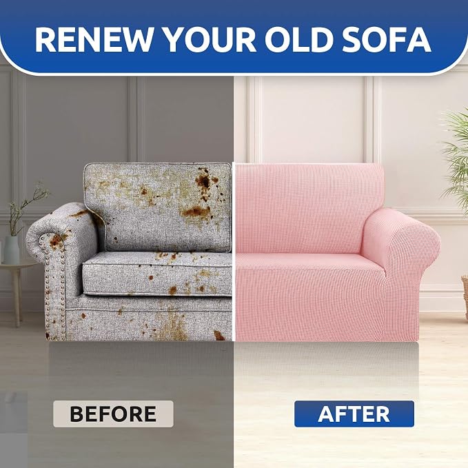 Stretch Loveseat Couch Cover, 2 Cushion Couch Slipcover,Dusty Pink | 1-Piece Washable Sofa Cover Pet Friendly (55"-78") Furniture Protector Soft Jacquard, Elastic Bottom for Dogs & Kids
