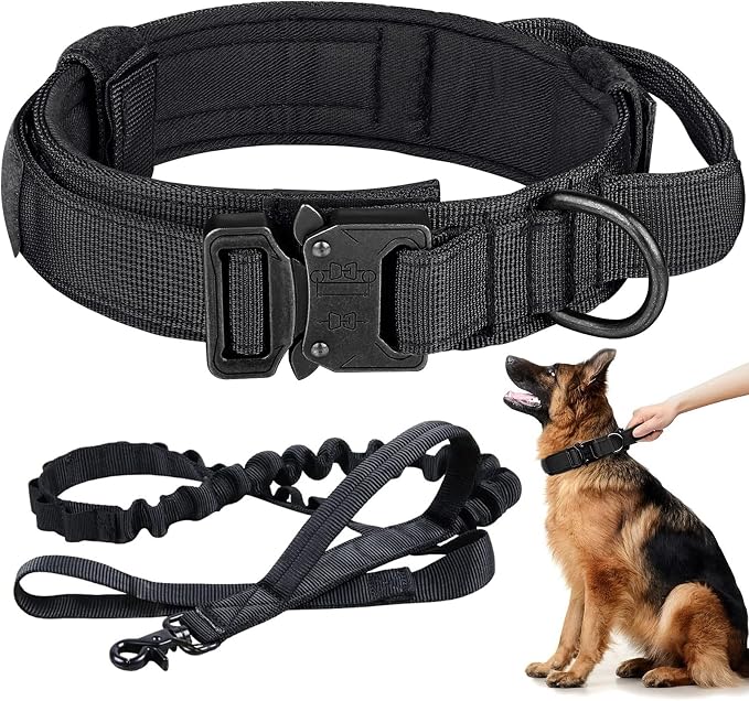 Tactical Dog Collar and Leash Set Heavy Duty Military Dog Collar with Handle and Metal Buckle for Medium and Large Dogs (Black, L)