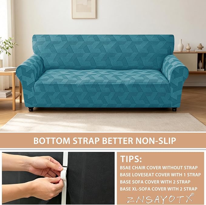 ZNSAYOTX Stretch Couch Covers for 3 Cushion Couch, 1-Piece Sofa Cover Slipcover Pet Friendly, Furniture Protector with Elastic Bottom for Dogs Geometrical Jacquard Fabric (Large, Peacock Blue)