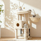 Heybly Cat Tree, 45.3" Cat Tower for Indoor Cats with Large Perch HCT202SM | All-in-One Cat Furniture with Cozy Bed, Hidden Space Cat Condo, Comfy Hammock, Scratching Posts & 3 Pompoms, Beige