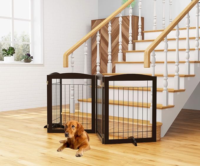 PAWLAND 96-inch Extra Wide Dog gate for The House, Doorway, Stairs, Freestanding Foldable Wire Pet Gate, Set of Support Feet Included (Espresso, 30" Height-4 Panels)