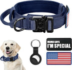 Tactical Military Collar - Adjustable Nylon, Heavy Duty Metal Buckle with Handle for Dog Training, with Patches (Blue, M)
