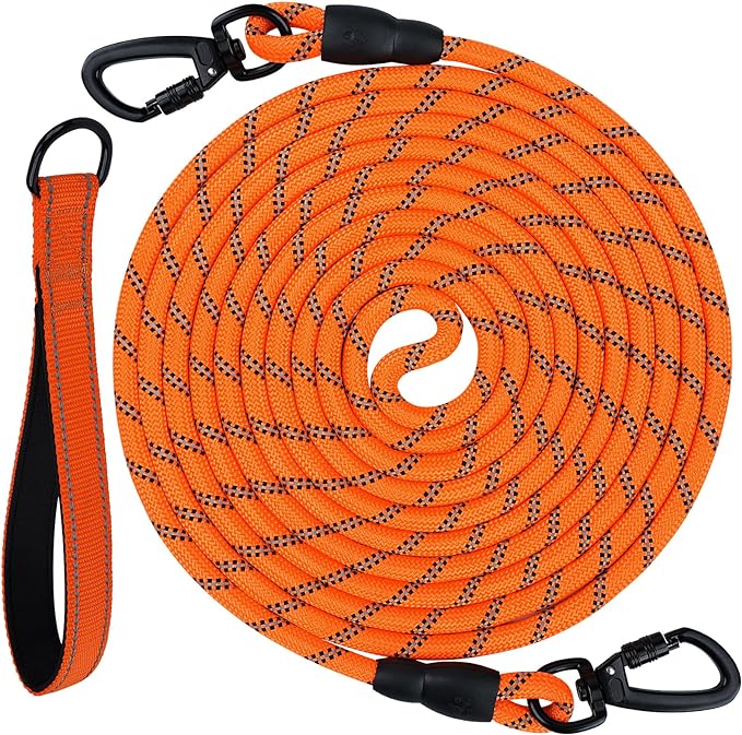 Joytale Long Dog Leash for Yard Tie Out & Recall Training, Orange, 50FT | Secure Locking Carabiner, Removable Padded Handle, Reflective Webbing for Night Safety, Ideal for Outdoor Play and Camping