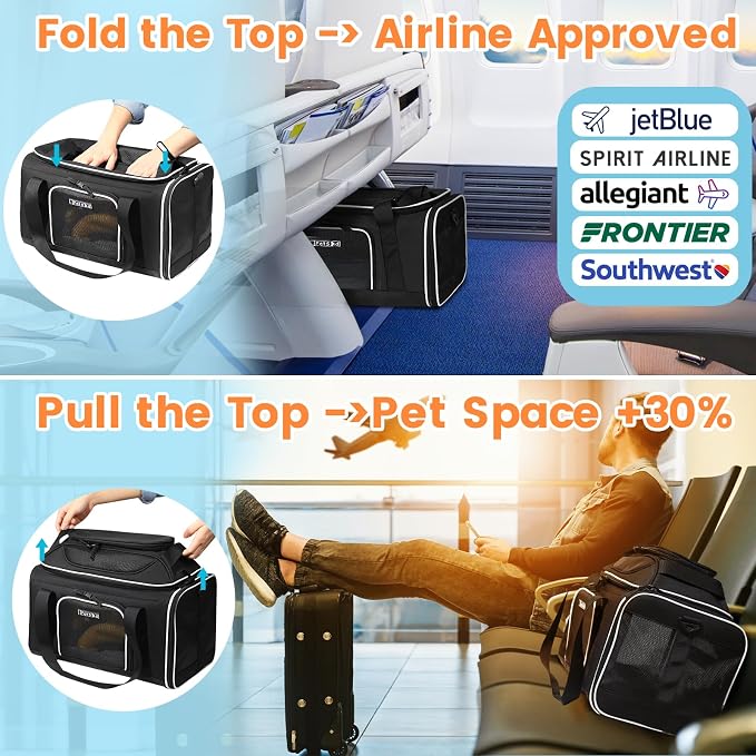 Petskd Top-Expandable Small Pet Carrier 17"x12"x8.5" Airline Approved | for JetBlue/Frontier/Spirit Airlines, Lockable Safety Zippers and Anti-Scratch Mesh, Soft-Sided, Pets Under 8 Lbs, Black