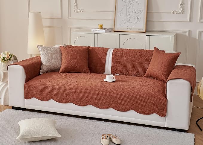 Luxury Vintage Cotton Embroidery Sofa Cover Soft Farmhouse Seat Cushion Cover Floral Quilted Sectional Couch Cover Anti-Slip Sofa Slipcovers Furniture Protector for Dogs Cats (Orange,36"x47")