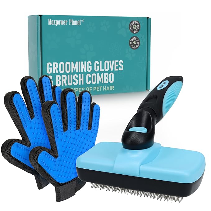 Maxpower Planet Pet Grooming Brush, Shedding Undercoat Rake, Dogs | Blue, Double-Sided Deshedding & Detangling, Rubber Non-Slip Handle, For Cats, Gloves Included