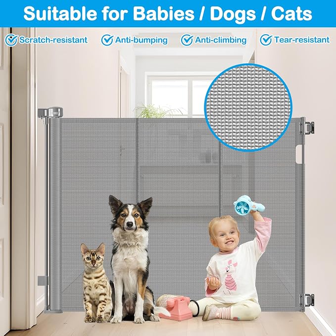 Reinforced 42" Tall X 80" Wide Retractable Baby Gate Extra Tall Cat Gate for Stairs No Sag Retractable Baby Gates for Doorways No Wrinkle Mesh Gates for Kids or Pets with Reinforced Strips, Gray