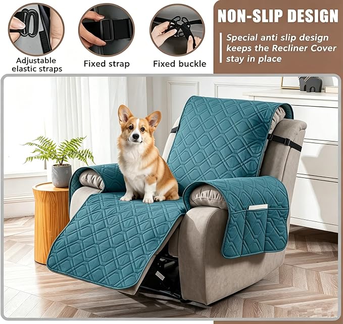 100% Waterproof Recliner Chair Cover, Non-Slip Washable Recliner Slipcover with Elastic Straps & Side Pocket, Stay in Place Furniture Protector for Dogs Cats Kids(Blue, 23)
