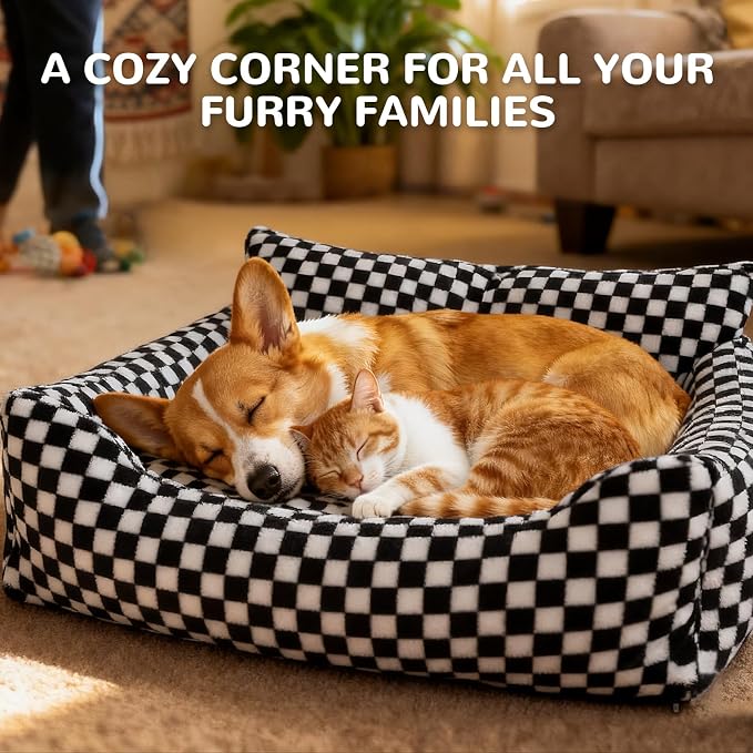 Dog Beds for Small Medium Dogs, Washable Soft Fleece Dog Bed with Removable Cover, Puppy Sofa Bed with Anti-Slip Bottom, Pet Sleeping Bed for Indoor Cats & Dogs Under 23 lbs (Grid Black)