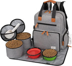 Modoker Dog Travel Backpack Set with 2 Food Bags, 2 Bowls and 1 Mat, Grey | Water-Resistant Oxford Fabric | Roomy Main Compartment | Multiple Functional Pockets | Stroller Strap | Leak-Resistant Lining