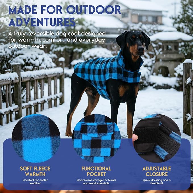 ASENKU Reversible Dog Winter Coat, Dog Jacket for Small Medium Large Dogs | Windproof Plaid Fleece Lining for Cold Weather, Water-resistant Outer Shell, Puppy Puffer Vest with Leash Hole, Blue 3XL