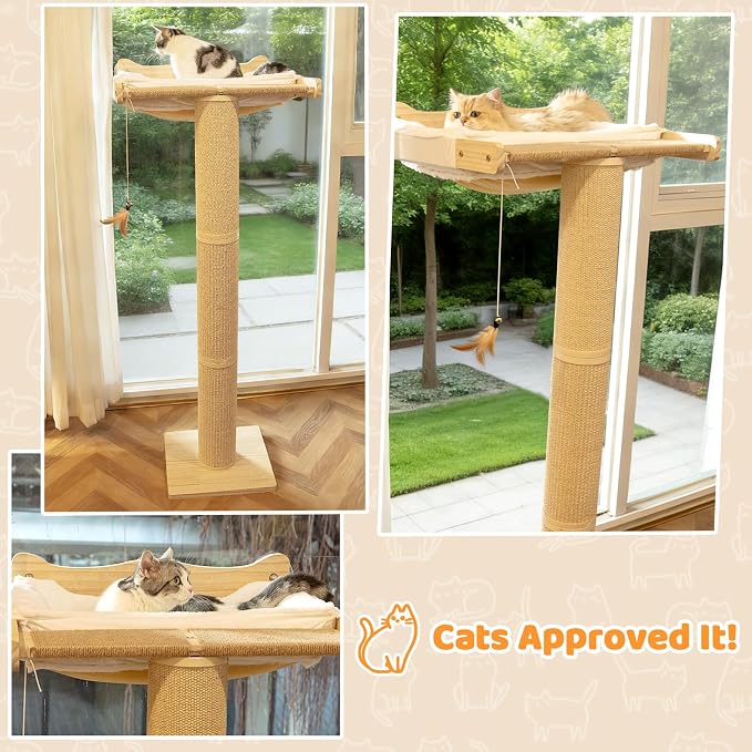 54" Tall Cat Scratching Post with Window Perch | White Fluffy Cushion, 3-Thickened Sisal Roman Columns, Drill-Free Suction Cup, Elevated Privacy Hammock, 60 LBS Capacity