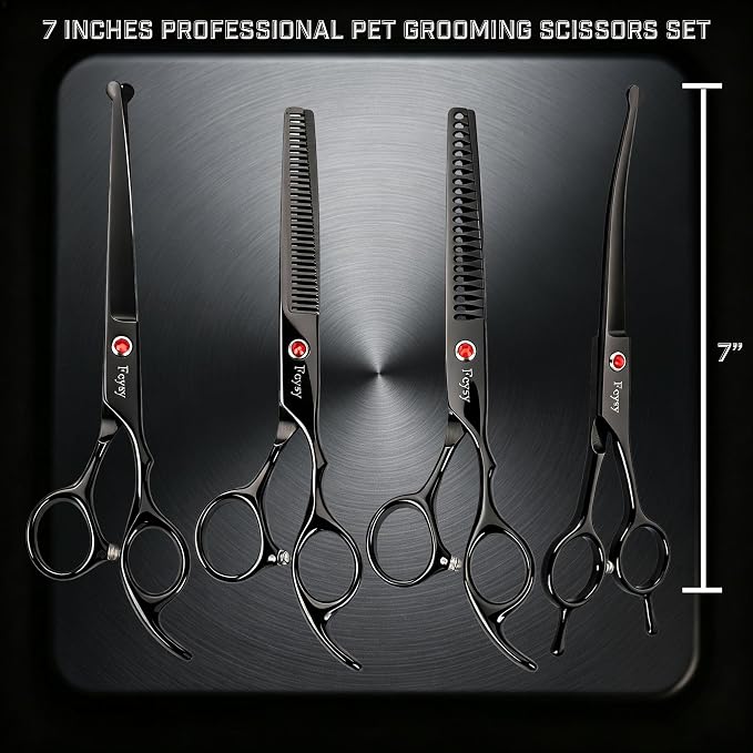Fcysy 8-Piece Dog Grooming Scissors Set, 7 Inch Rounded Tip Pet Shears Kit | Straight, curved, thinning and chunker tools for trimming, contouring, blending and texturizing dog coats