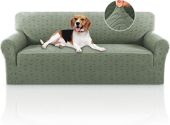 Jacquard Couch Covers for 3 Cushion Couch 1 Piece Stretch Sofa Covers Furniture Protector Anti-Slip Soft Thickened Dogs Slipcovers Washable Diamond Pattern(Sofa, Sea Grass)