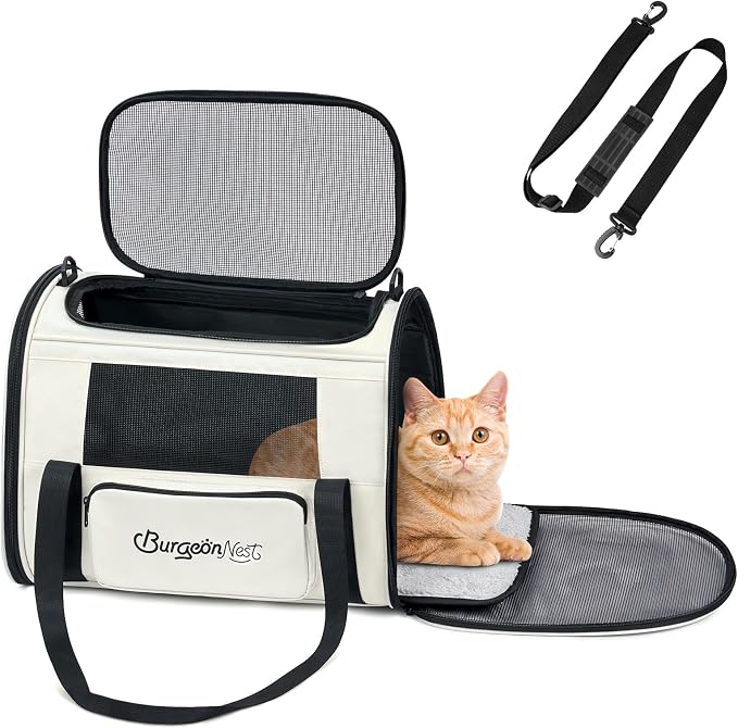 BurgeonNest Cat Carrier, Soft Sided Travel Pet Carrier, Medium Beige | Soft sided cat carrier with top loading mesh windows and storage pocket for everyday pet travel