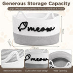 Cat Toy Basket with Cat Ear Handles, 15 x 11 x 9 in Woven Cats Toy Bin, Large Two-tone Cotton Rope Storage Box, Meow Words Organizer for Toys, Blankets, Home Decor (White, Gray)