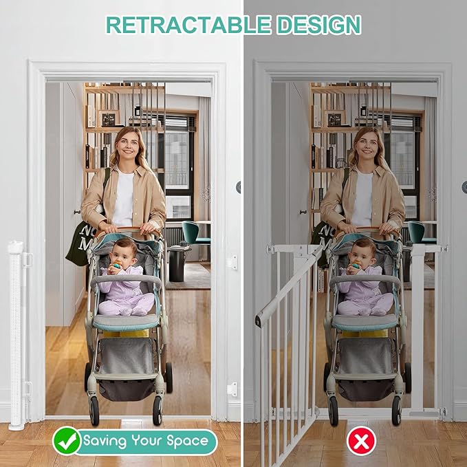 EZIGO 55 Inch Retractable Baby Gates Extra Wide Baby Dog Gate for Stairs | 34 Inch Tall Retractable Dog Gate, One-Hand Operation Mesh Safety Pet Gate for Deck, Porch, Doorways Indoor Outdoor, White