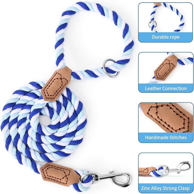 Mile High Life Rainbow Dog Leash Braided Cotton Rope w Leather-Wrapped Ends | Rust-proof 360° swivel clasp, Heavy-duty for medium/large breeds. Great for weddings, daily walks (5FT, 1/2", Blue Gradient)
