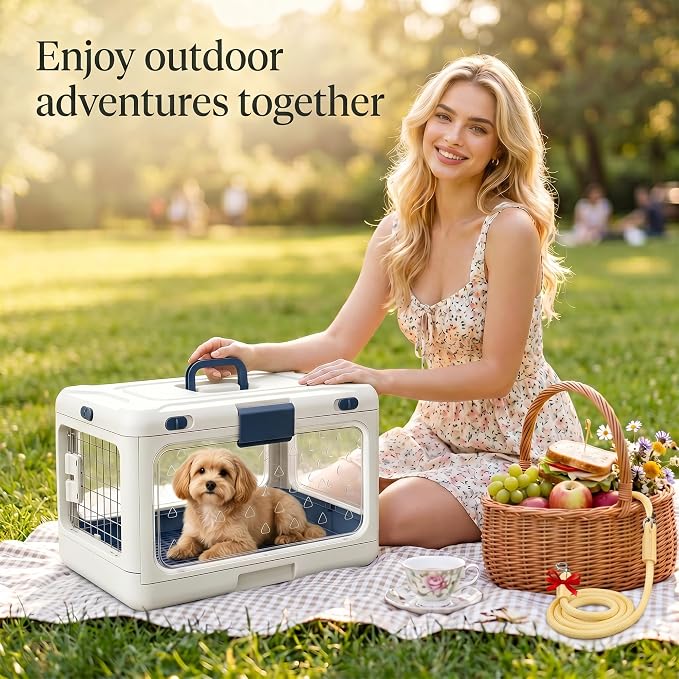 Foldable Hard Cat Carrier, Transparent Pet Crate for Cats & Small Dogs, Collapsible Travel Kennel with Ventilation & Urine Pad Mesh Grid, Portable Travel cage, Essential for pet Travel, Green