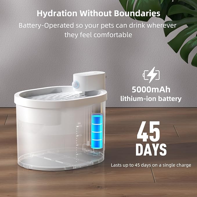 uahpet Cat Water Fountain, Wireless & Battery Operated 2L/67oz Pumpless Automatic Pet Fountain with Motion Sensor, Food-Grade ABS Tray, Easy to Clean Water Dispenser for Cats