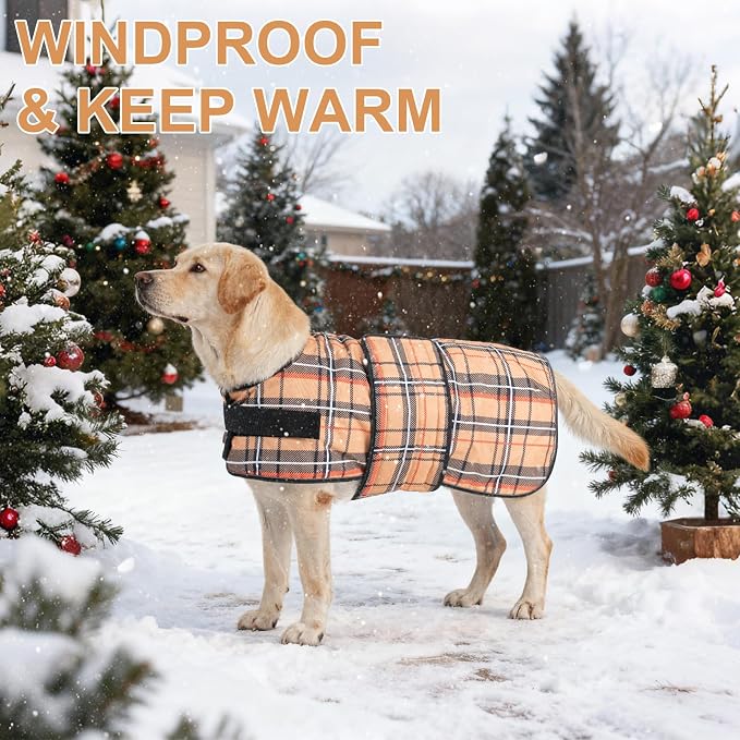 BEAUTYZOO Dog Winter Coat for X-Large Dogs Waterproof, Warm Reflective Great Dane Oxford Canvas Jacket, Fleece Dog Cold Weather Coats Windproof for Female Male Dogs, Khaki Plaid XL