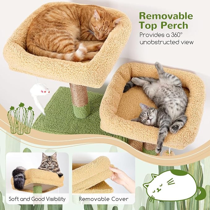 Globlazer F71 Cactus Cat Tree Tall, 71in Cat Tower for Indoor Cats, Green | Multi-Level 3 Condos for Indoor Cats, XL Cat Tree Tower with Scratching Posts, Soft Extra Large Hanging Basket
