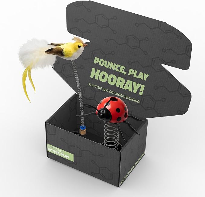 Playology Cat Toys | Limited Edition Toys - Suction Cup Springbird with Feathers & Pop-Up Ladybug Treater | Interactive Fun for Indoor Cats