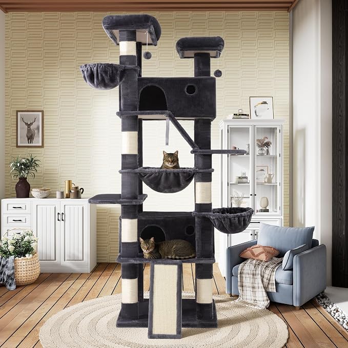 SHA CERLIN 81in Multi-Level Tall Cat Tree Tower for Indoor Kitties/Larger Cat Condo Furniture with Hammock/Cozy Pussycat Perches/Sisal Scratching Posts/Pet House/Wide Base/Dark Grey