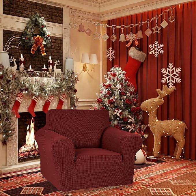 Stretch Chair Sofa Slipcover, Single Couch Cover,Dark Red | 1-Piece Washable Sofa Cover,Pet Friendly (31"-55") Furniture Protector Soft Jacquard Elastic Bottom for Dogs & Kids