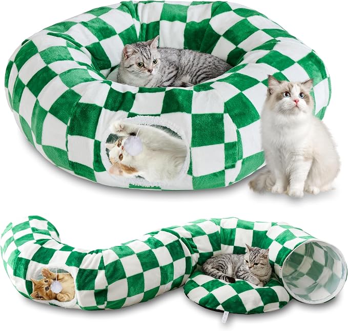 Cute Round Cat Tunnel for Indoor Cats, Green/White | Peekaboo Cat Cave with Dangling Balls, Checkered Pet Donut Tunnel Bed with Circle Mat for Puppy Kitten Rabbit