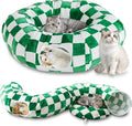 Cute Round Cat Tunnel for Indoor Cats, Green/White | Peekaboo Cat Cave with Dangling Balls, Checkered Pet Donut Tunnel Bed with Circle Mat for Puppy Kitten Rabbit