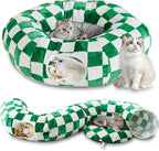 Cute Round Cat Tunnel for Indoor Cats, Green/White | Peekaboo Cat Cave with Dangling Balls, Checkered Pet Donut Tunnel Bed with Circle Mat for Puppy Kitten Rabbit