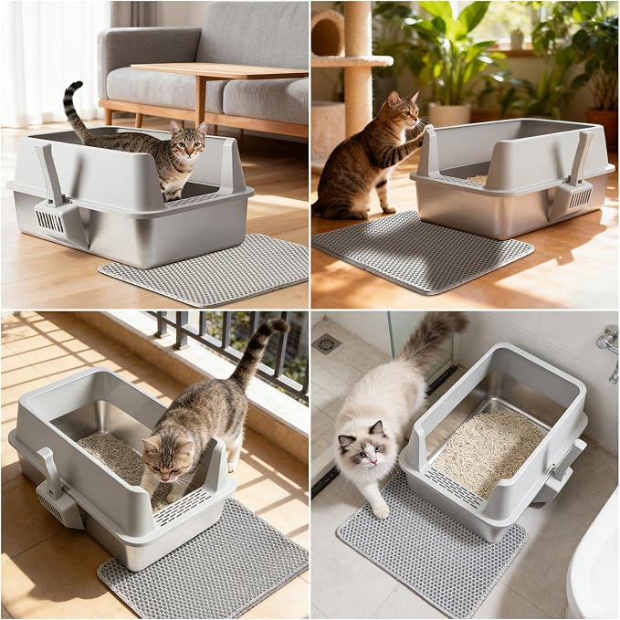 Stainless Steel Litter Box, Extra Large Metal Cat Litter Box for Big Cats | High Sided, Never Absorbs Odors, Anti-Urine Leakage, Non-Sticky, Easy Cleaning, Include Litter Mat & Scoop