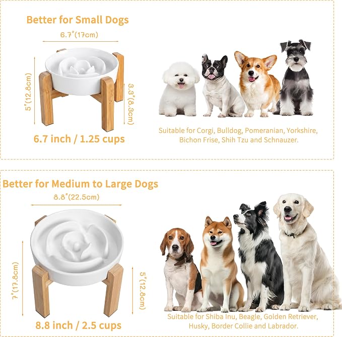 Elevated Slow Feeder Dog Bowl, 6.7" Ceramic Maze Dog Bowl with Stand | 1.5 Cups Slow Feeding Dog Dish for Fast Eaters, 5" Tall Anti-Slip Raised Slow Feeder for Small and Medium Breeds, White
