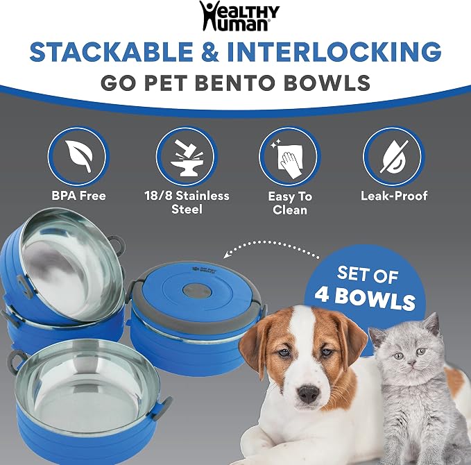 Healthy Human Travel Pet Bento Bowls - Human-Grade Stainless Steel & BPA-Free, Leak-Proof Water & Food Container Set for Dogs & Cats, 4-Pack Interlocking Bowls, Includes Spare Clips & Handle (Blue)