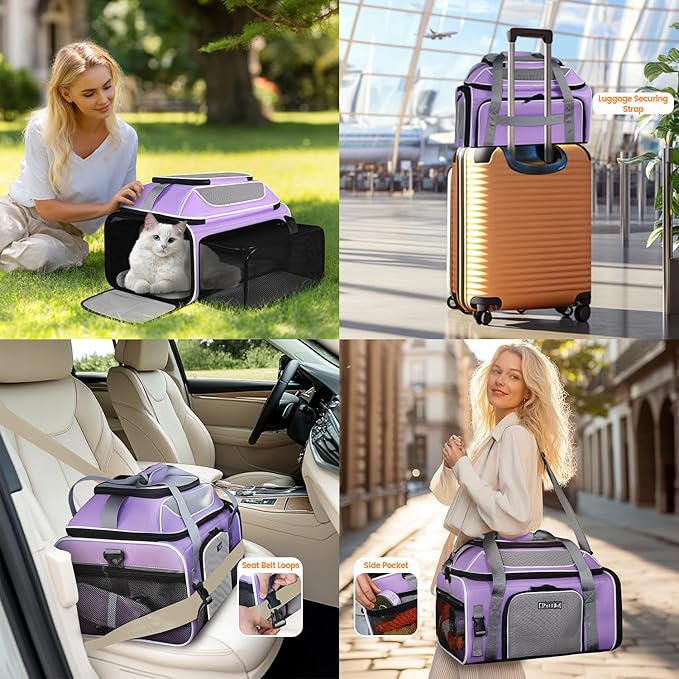 Petskd Top and Side Expandable Pet Carrier Airline Approved, Purple | 19"L x 13"W x 9"H, for Southwest Allegiant Airlines, Lockable Safety Zippers and Anti-Scratch Mesh, Pets Under 12 lbs