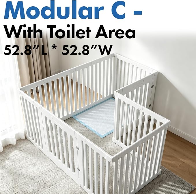 Indoor Dog Playpen w/Door, Modular 2 Room & Toilet Area, 12 Panels & 2 Doors, Height 25.6 Inch, White