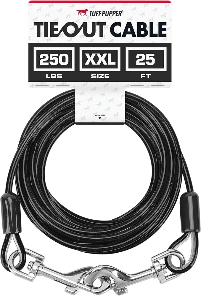 Tuff Pupper Dog Tie Out Cable, 25 ft Heavy Duty Lead for up to 250 lb Dogs | Extra-Strong Coated Steel Wire for Large Dogs; Water/Rust Resistant Yard Runner Line with 360-Degree No-Tangle Swivel Clips