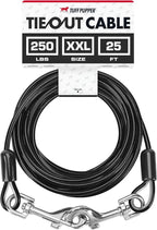 Tuff Pupper Dog Tie Out Cable, 25 ft Heavy Duty Lead for up to 250 lb Dogs | Extra-Strong Coated Steel Wire for Large Dogs; Water/Rust Resistant Yard Runner Line with 360-Degree No-Tangle Swivel Clips