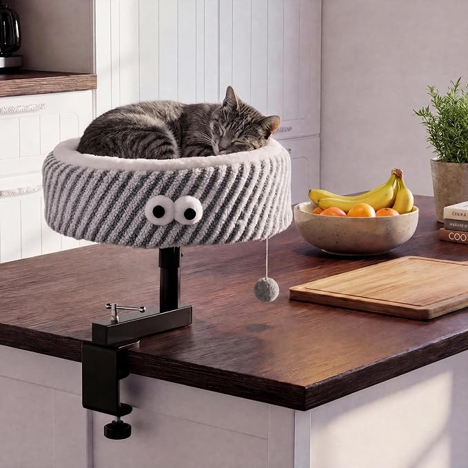 Cat Desk Bed, 2-in-1 Clamp On Desk Mount Perch & Nest, 360° Rotating Adjustable, 60 LBS Safe Weight Capacity, Washable Cushion for Small & Large Cats, Home Office Desk Hammock (Gray)