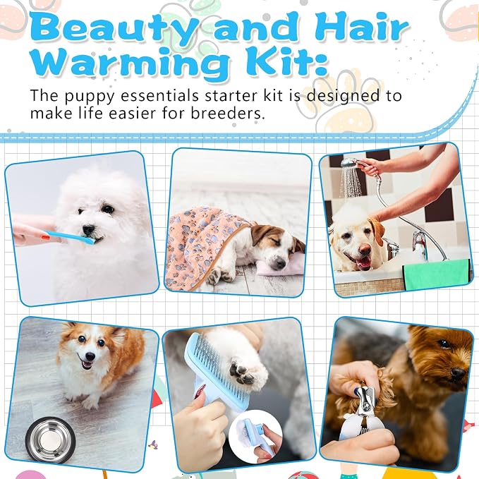 65 Pcs Puppy Supplies Starter Kit Small Dog Essentials Includes Dog Leash, Toys, Bowl, Brushes, Water Bottles, pet Blankets Puppy Accessories for New Welcome Gift Supplies(Cool,Blue)
