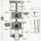 Gitelsnour Corner Cat Tree, All Sisal Multi-Cat Scratching Posts GCT035W | 63.8" Cat Tower for Indoor Cats with Cat Condo, 2 Large Cat Caves, Big Top Perch, 2 Hanging Baskets & Sisal Ramp, Light Gray