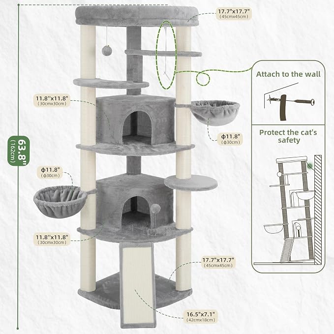 Gitelsnour Corner Cat Tree, All Sisal Multi-Cat Scratching Posts GCT035W | 63.8" Cat Tower for Indoor Cats with Cat Condo, 2 Large Cat Caves, Big Top Perch, 2 Hanging Baskets & Sisal Ramp, Light Gray