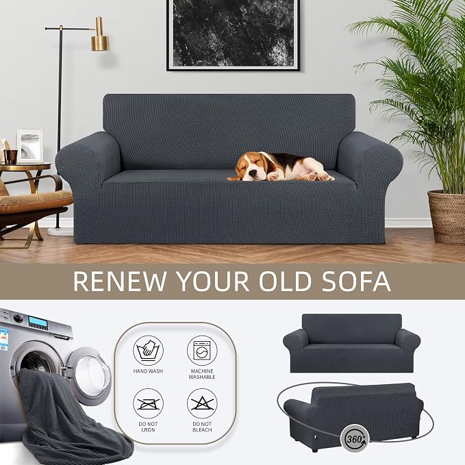 Stretch Loveseat Couch Cover, 2 Cushion Couch Slipcover,Charcoal | 1-Piece Washable Sofa Cover Pet Friendly (55"-78") Furniture Protector Soft Jacquard, Elastic Bottom for Dogs & Kids