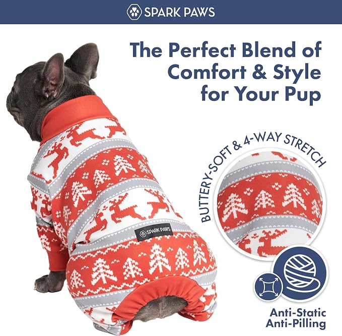 Spark Paws Dog Christmas Pajama, Dog Recovery Suit Male, Onesie, Ultra-Soft and 4-Way Stretch, for Small Medium and Large Breeds - Winter Wonderland - L