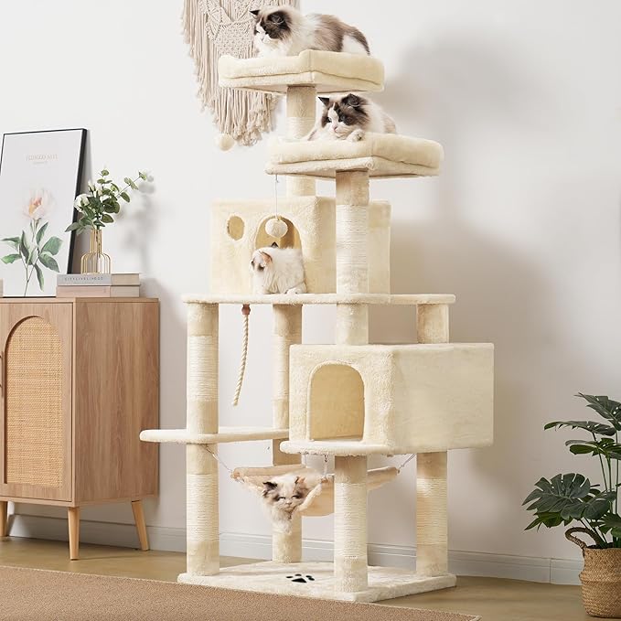 Hey-brother Cat Tree Tower with Sisal Scratching Posts, Big Condo, MPJ020M | 53.7 Inches Multi-Level Cat House with 2 Bigger Plush Condos, 2 Platforms, Hammock, Toy Balls for Indoor Cats, Beige